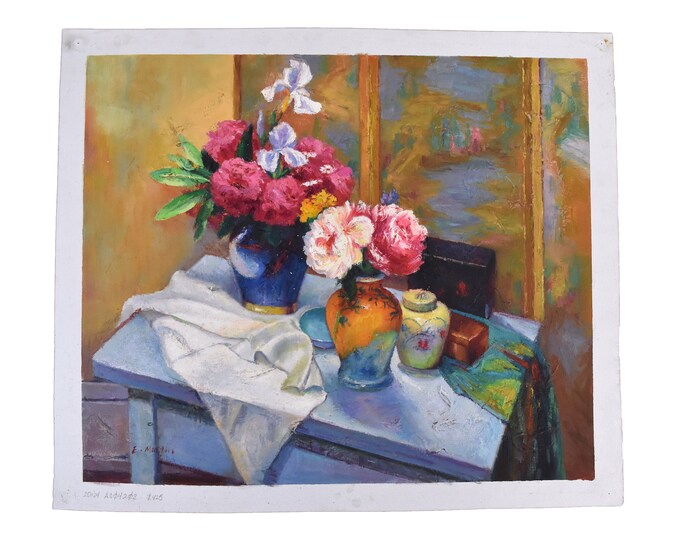 Impressionist Oil Painting Overhead View of Tabletop Still Life signed E. Martin
