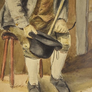 19th Century English Watercolor Old Man on Stool with Cane and Hat image 5