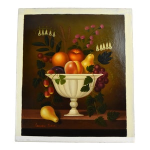 Vintage Oil Painting Still Life Fruit and Bellflowers in Scalloped Bowl image 1