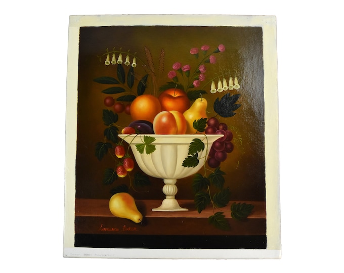 Vintage Oil Painting Still Life Fruit and Bellflowers in Scalloped Bowl