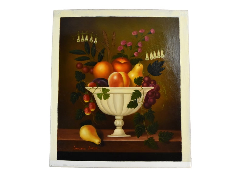 Vintage Oil Painting Still Life Fruit and Bellflowers in Scalloped Bowl image 1