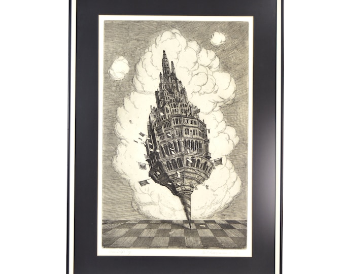 Curt Frankenstein sgd L/E Surrealist Etching "Manchild’s Toy" Neoclassical Buildings Dreidel