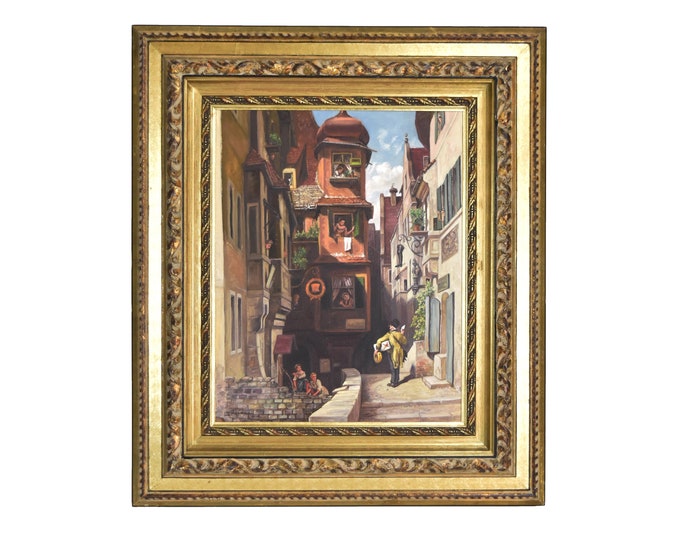 German Oil Painting Postman Delivering Gift and Letter signed L. Kaufmann