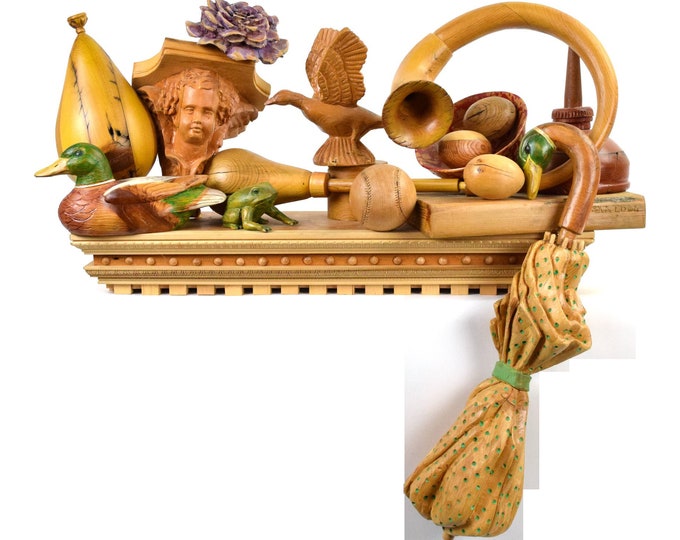 Sylvia Davis Carved Wood Still Life Wall Shelf Sculpture Household Objects Balloon