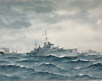 WWII Naval Painting HMS Birmingham & Hostile Capturing German Trawler sgd Tufnell