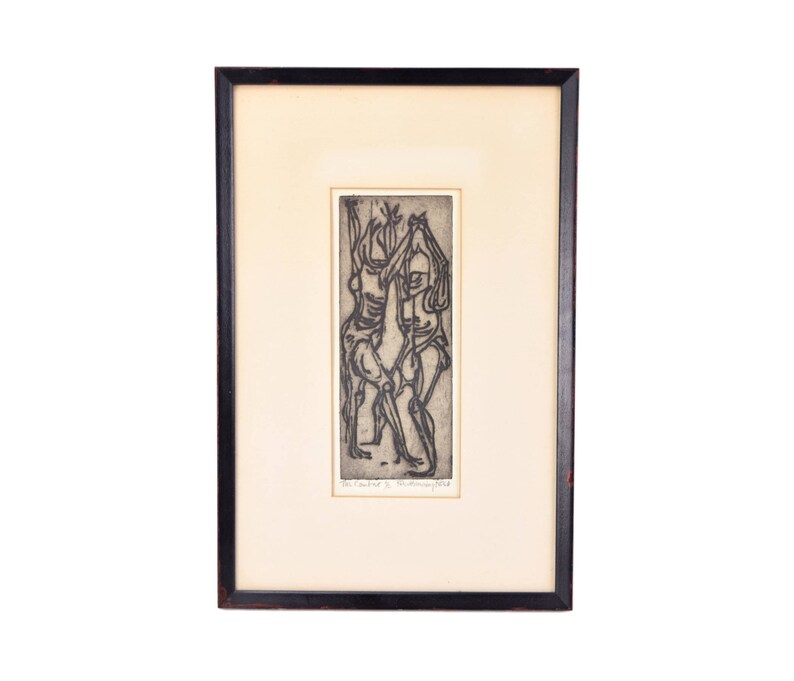 Vintage Surrealist Abstracted Woodcut Print of Armored Figures in Combat image 1