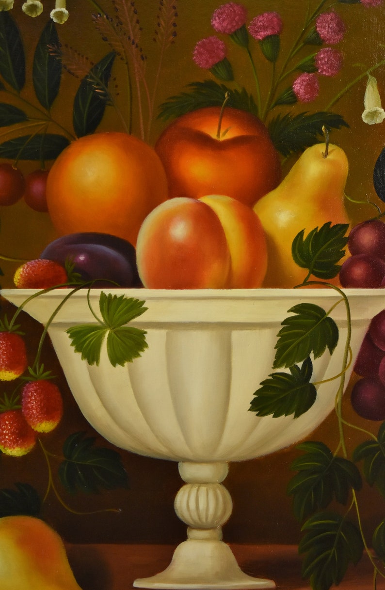 Vintage Oil Painting Still Life Fruit and Bellflowers in Scalloped Bowl image 3