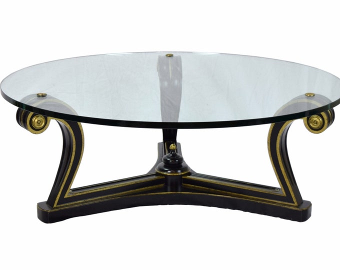 Vintage Mid-Century Empire Hollywood Regency Ebonized Scroll Coffee Table Glass Top