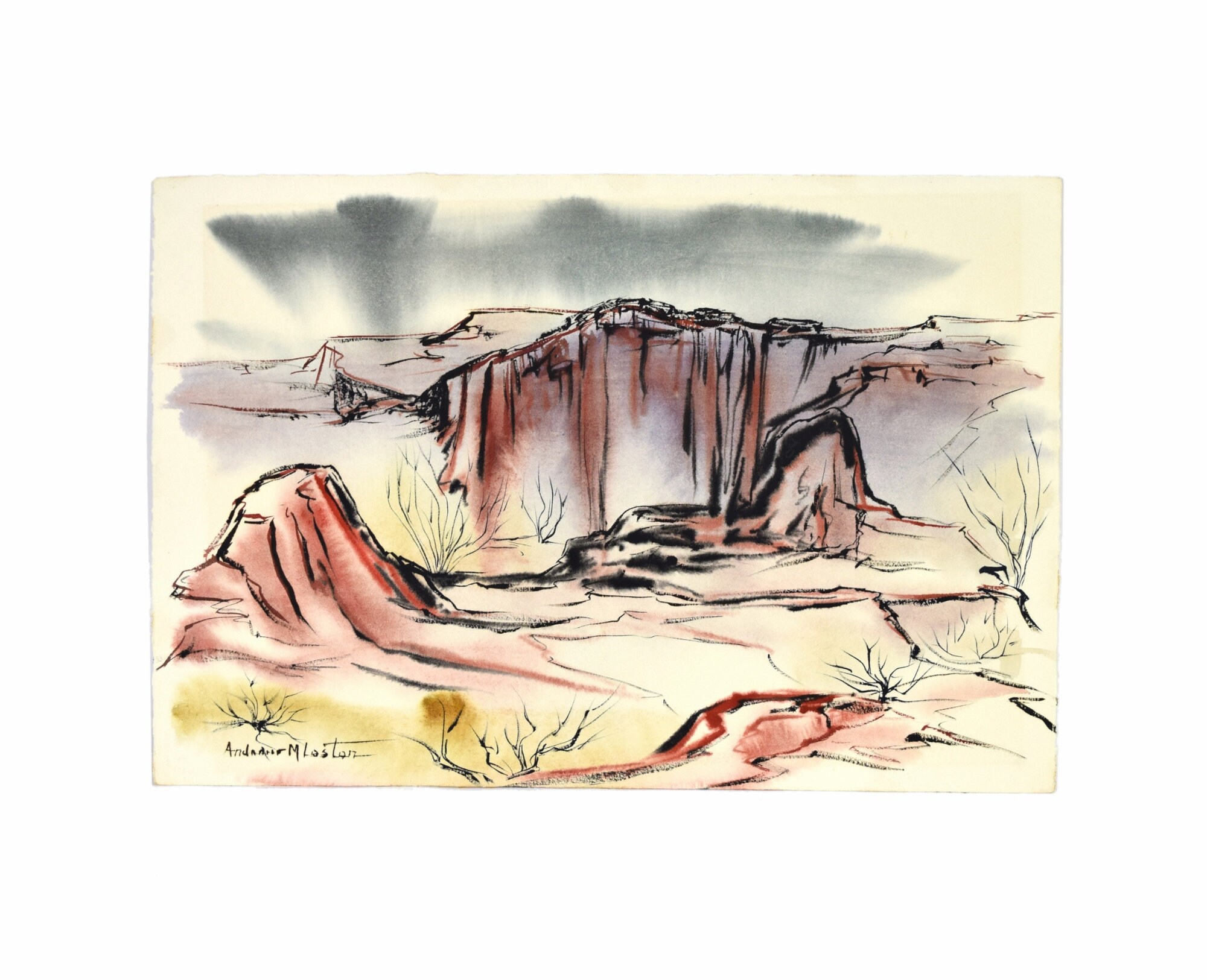 Midcentury Painting Red Knolls Gila Valley Arizona sgd Andrew Moses Lester Oklahomathumbnail