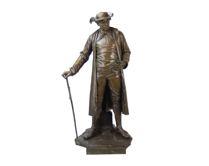 Large August Kuhne Austria Vienna Bronze Genre Statue of Man in Duster Coat w Cane and Bush Hat 1887