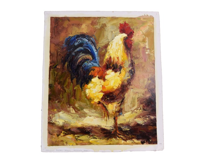 Vintage Impressionist Oil Painting of Standing Blue Tail Rooster Cock