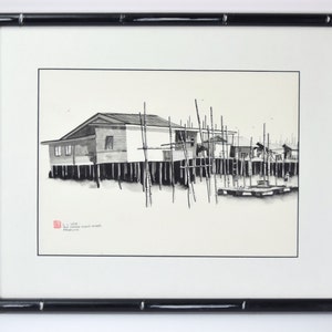 Pair Pen & Ink Watercolor Paintings Malaysian Fishing Village Scene by L. L. Wee image 4