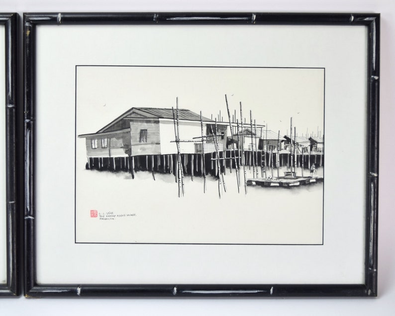 Pair Pen & Ink Watercolor Paintings Malaysian Fishing Village Scene by L. L. Wee image 4