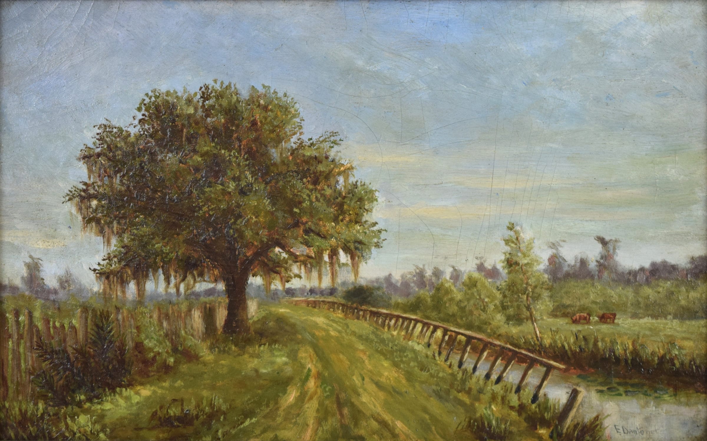 Antique Louisiana Landscape Oil Painting Cows Along River by Emile