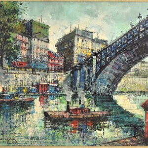 Vintage Midcentury Modern Oil Painting Seine River Barges under Bridge Paris sgd image 2