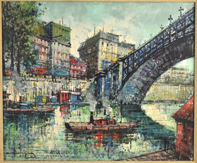 Vintage Midcentury Modern Oil Painting Seine River Barges under Bridge Paris sgd image 2