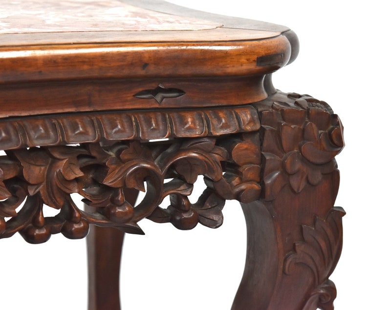 Antique Chinese Carved Rosewood Pedestal Stand End table w Marble Top image 10