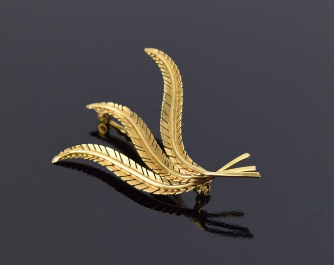Estate Brooch 18k Solid Gold Fern Fronds or Three Feathers Pin