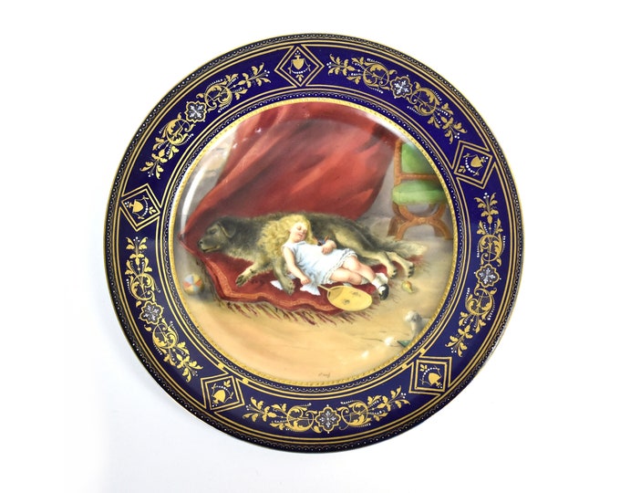 Royal Vienna Hand Painted Plate Little Girl Sleeping on Huge Wolfhound Dog