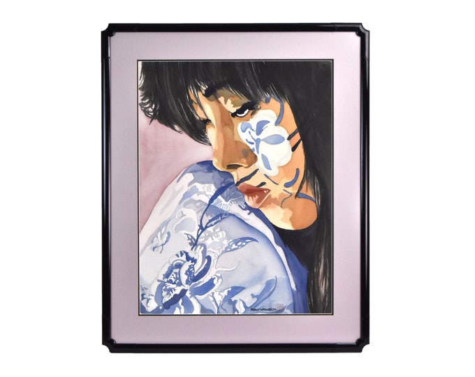 Marcy Warner Watercolor Portrait Asian Woman w Painted Face Blue White Kimono