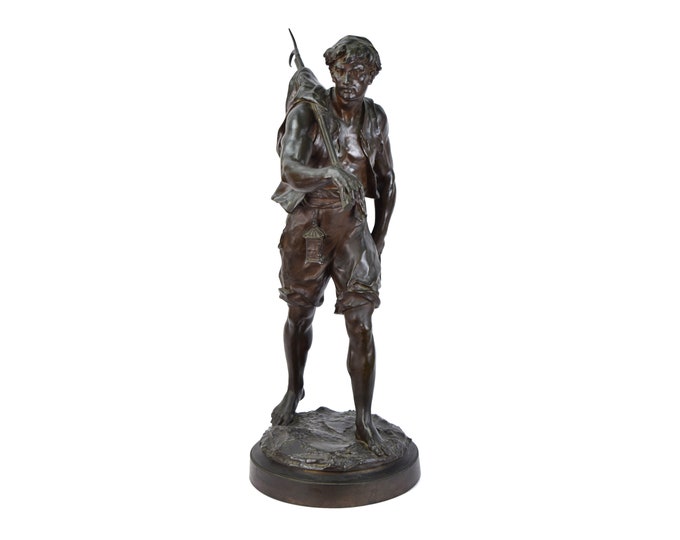 Antique Whaling “The Whaler” by Emile Louis Picault France Bronze Sculpture Man with Harpoon