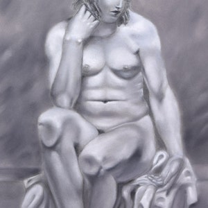 Whimsical Original Pastel Drawing Portrait Rubenesque Nude w Knees Against Glass image 3