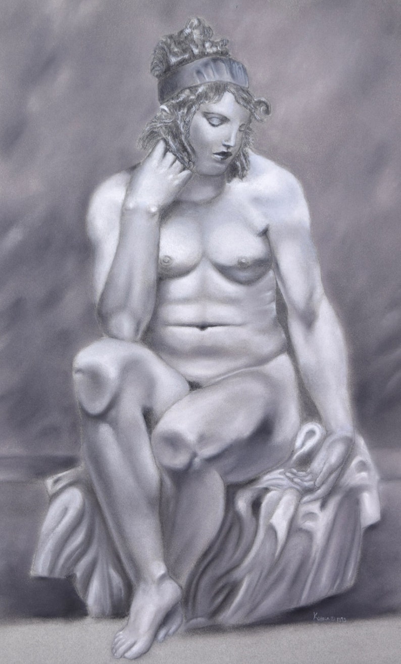 Whimsical Original Pastel Drawing Portrait Rubenesque Nude w Knees Against Glass image 3