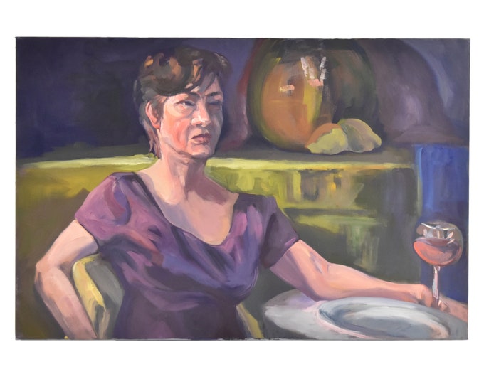 Oil Painting Portrait Woman Relaxing w Glass of Wine by Lenell Chicago Artist