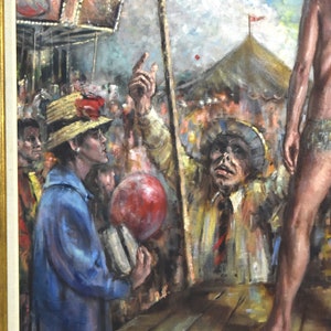 Richard Hauser Oil Painting Traveling Burlesque Dancers w Carnival Barker and Crowd image 4