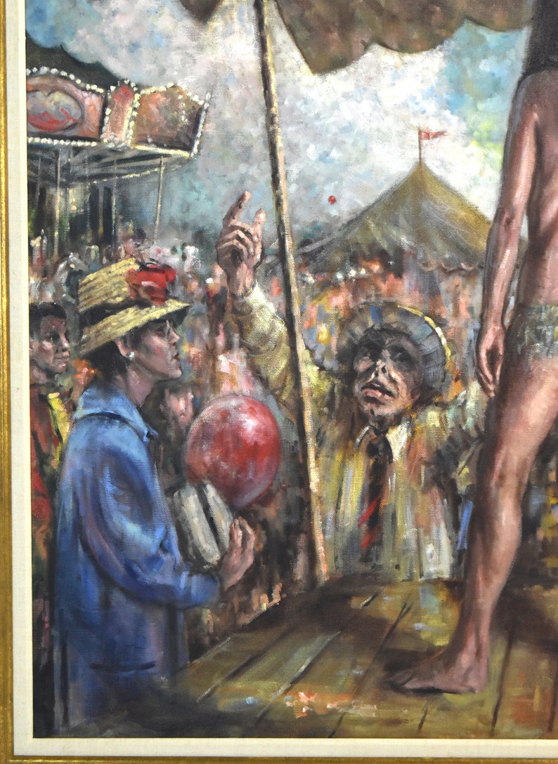 Richard Hauser Oil Painting Traveling Burlesque Dancers w Carnival Barker and Crowd image 4