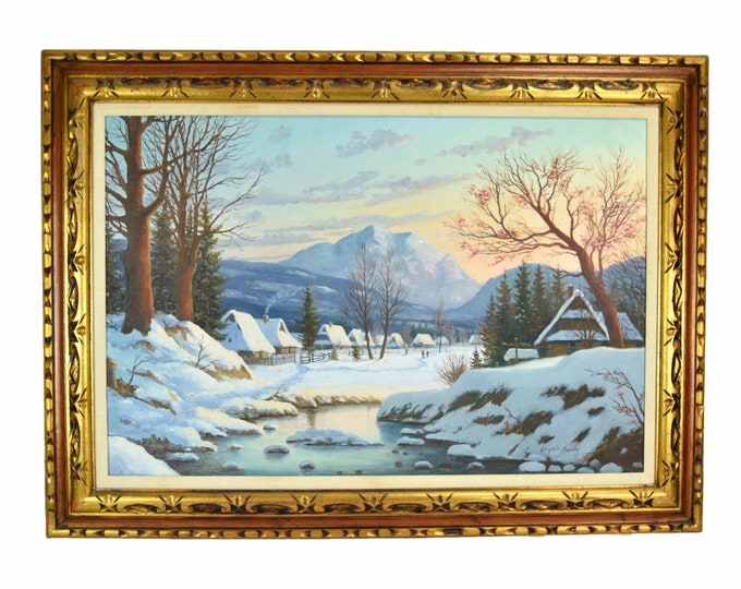 Leopold Swider Winter Landscape Painting Snow Covered Cottages Polish Artist