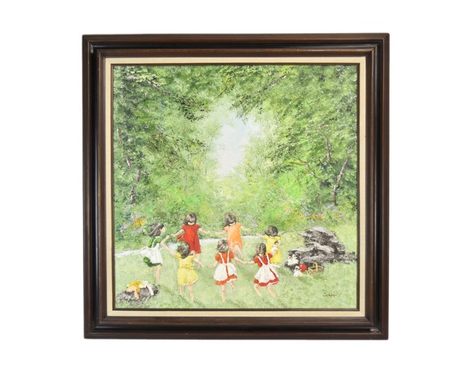 Vintage Phyllis Cubb 1970’s Impasto Oil Painting Young Girls Playing in Park Setting Signed Original Wall Art