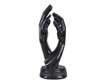 Vintage Hand Carved Ebony Wood Sculpture Pair of Interlaced Hands Finely Detailed