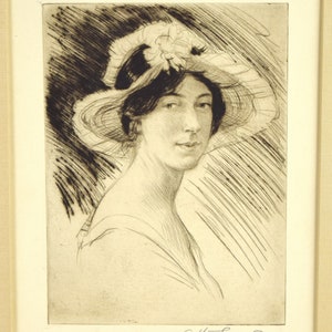 1920s Etching Portrait Woman in Summer Hat & Dress signed Arthur Garratt Original Wall Art image 3