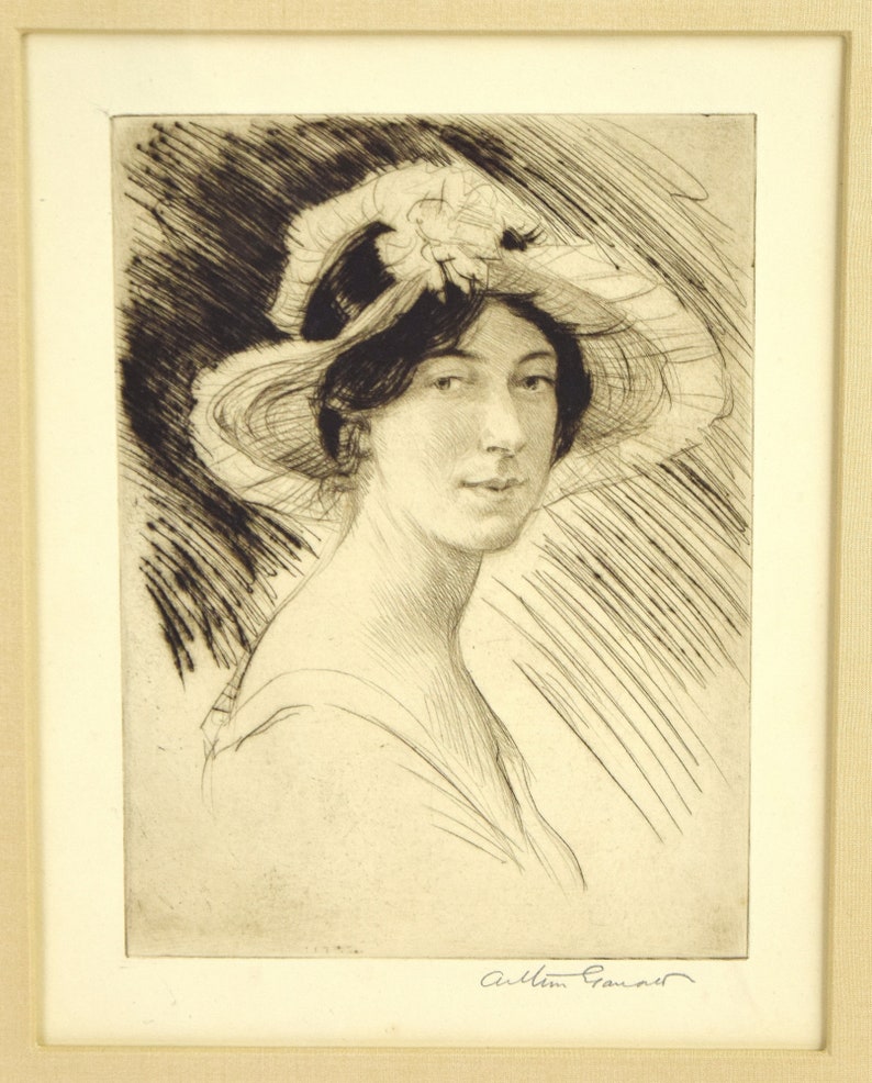 1920s Etching Portrait Woman in Summer Hat & Dress signed Arthur Garratt Original Wall Art image 3