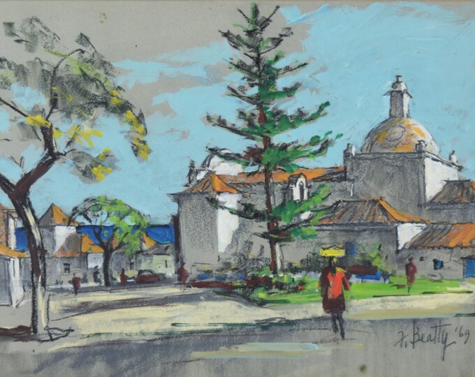 1969 Frank Beatty Pastel Gouache Painting Church in Albuferia Portugal