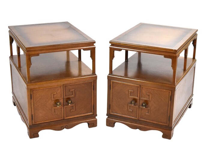 Pair Vintage Midcentury Modern End Tables Nightstand Cabinets Greek Key