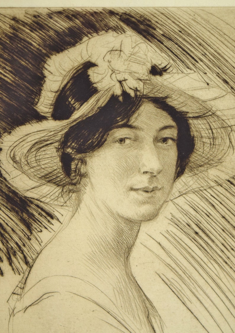 1920s Etching Portrait Woman in Summer Hat & Dress signed Arthur Garratt Original Wall Art image 4
