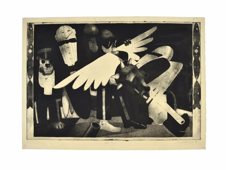 1970 Surrealist Artist Proof Lithograph Human Animal Skeletal Forms Michel-Trapaga image 1