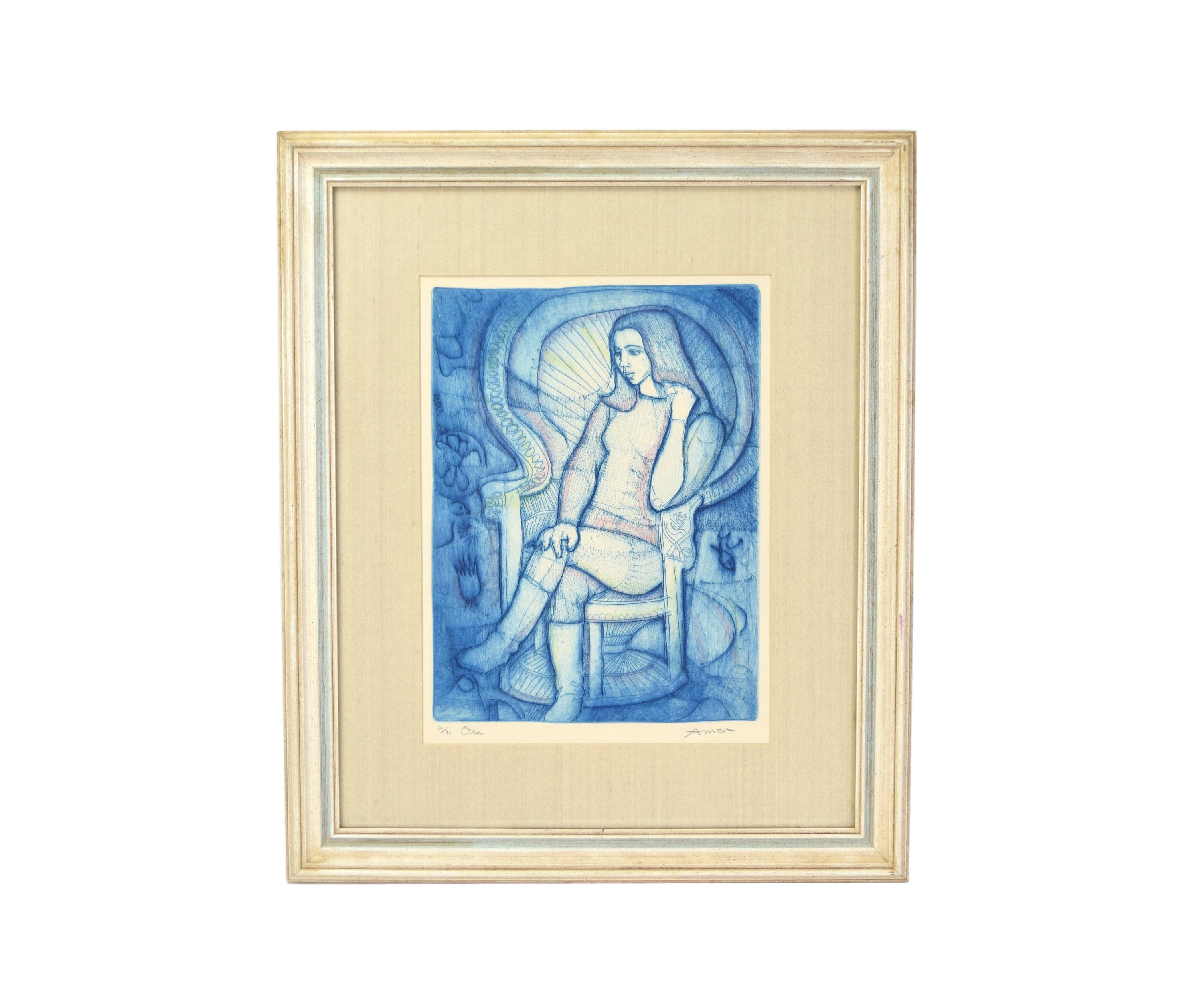 Mid Century Modern Etching Of Young Woman Seated In A Peacock Chair By Irving Amen