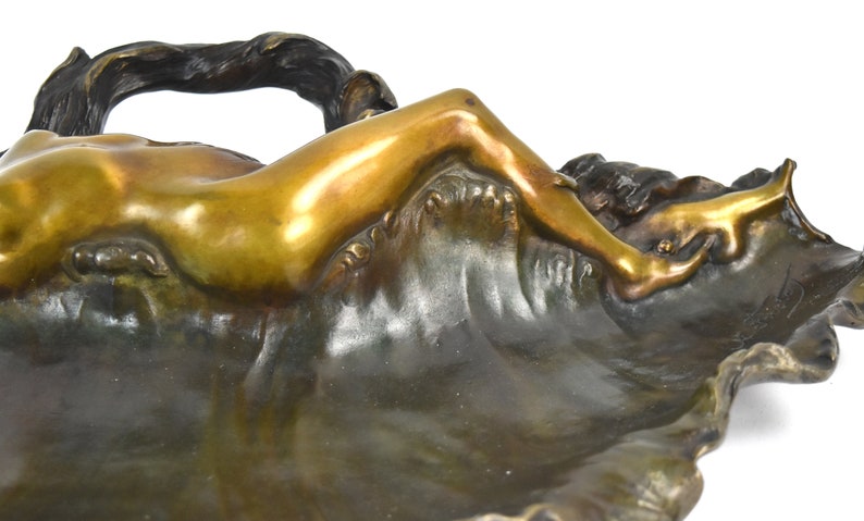 Antique Alfred Foretay Art Nouveau Period Figural Nude Bronze Tray Sculpture Signed image 4
