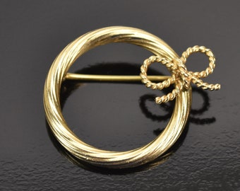 Vintage Tiffany & Co. 14k Solid Gold Brooch Pin Rope Twist Circle w Bow