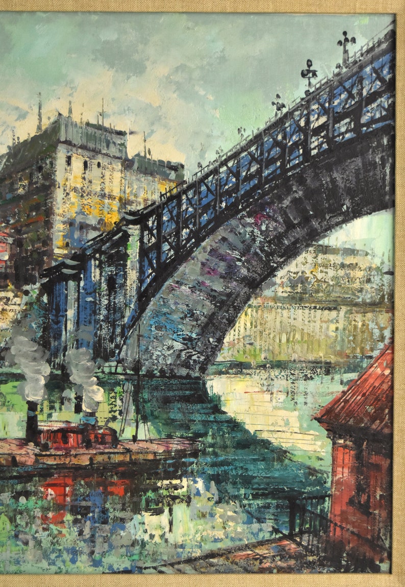 Vintage Midcentury Modern Oil Painting Seine River Barges under Bridge Paris sgd image 6