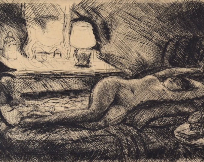 Early 20th Century Etching Interior Scene w Reclining Nude w Dog at Foot of Bed sgnd Henri Farge