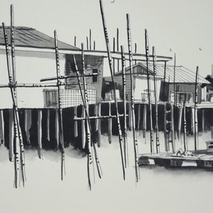 Pair Pen & Ink Watercolor Paintings Malaysian Fishing Village Scene by L. L. Wee image 5