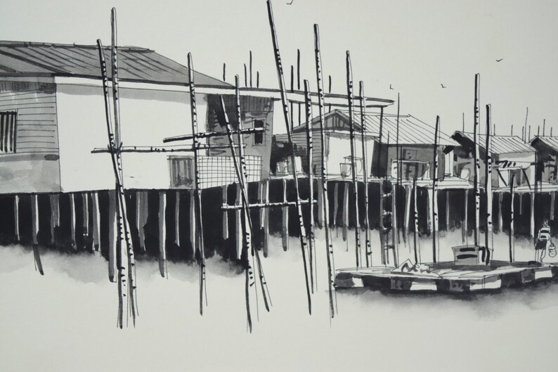 Pair Pen & Ink Watercolor Paintings Malaysian Fishing Village Scene by L. L. Wee image 5