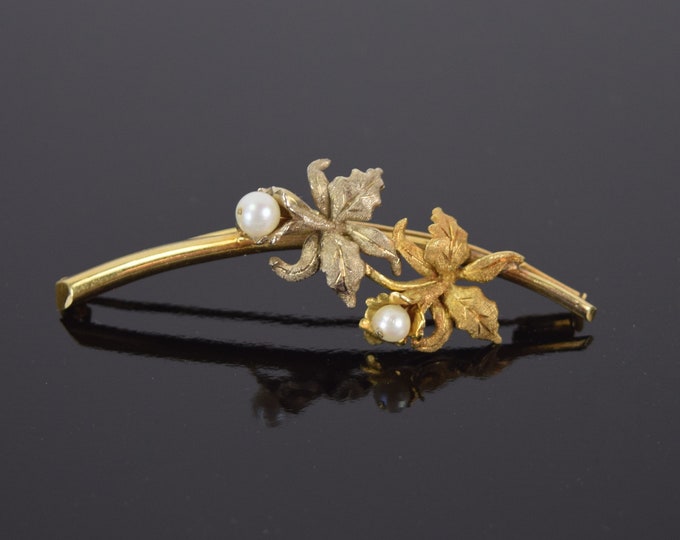 Estate Vintage 18k White and Yellow Gold Lily Flower Brooch Pin w Pearls