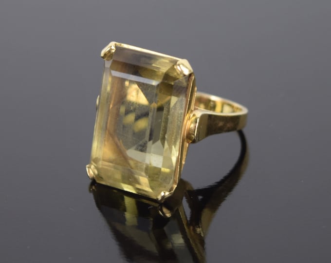 Vintage Mid-Century Modernist 14k Solid Gold Ring Huge Baguette Citrine Solitaire