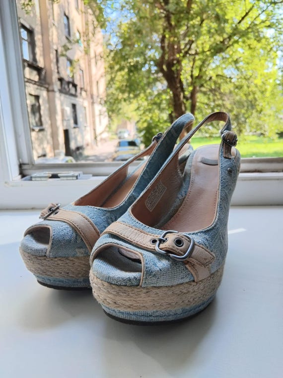 Denim wedge sandals hot sale