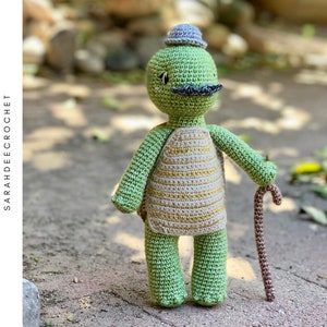 Pode incluir: Uma tartaruga verde de crochê vestindo um colete listrado e um chapéu roxo. A tartaruga tem um bigode castanho e está segurando um cajado castanho.